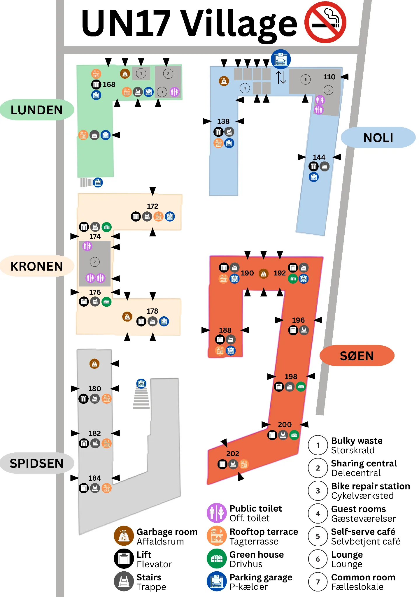 Overview map of UN17 Village showing the buildings Lunden, Noli, Kronen, Spidsen, and Søen, street numbers, and shared facilities such as garbage rooms, lifts, stairs, rooftop terraces, green houses, public toilets, the parking garage, bulky waste, the sharing central, the bike repair station, guest rooms, the self-serve café, the lounge, and the common room